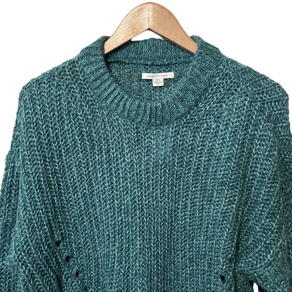American Eagle Sweater NEW Dark Teal Nylon Acrylic Open Knit Pullover Boho S - Picture 2 of 10